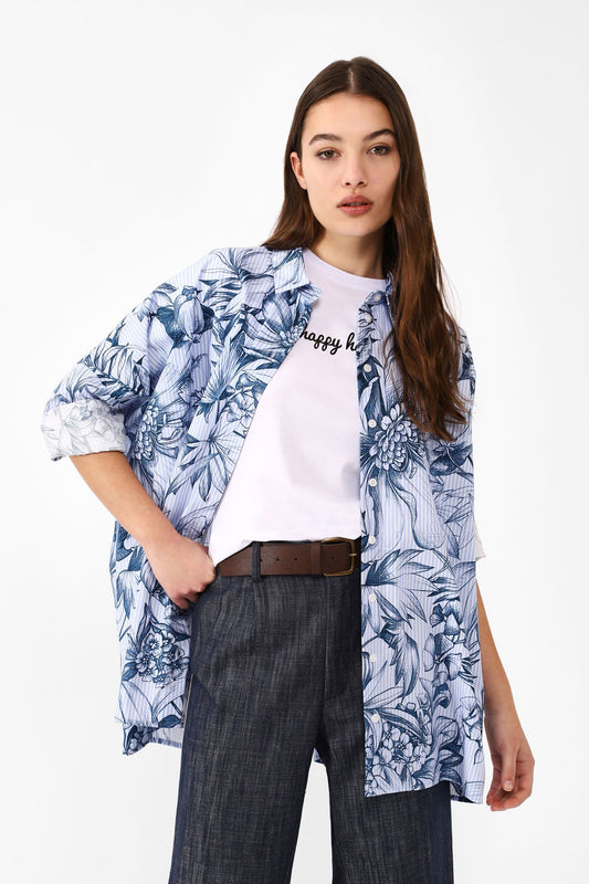 Camisa oversize de rayas florales en puro algodón